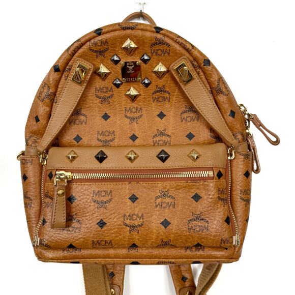 MCM Visetos Studded Medium Dual Stark Backpack Cognac - Picture 1 of 10